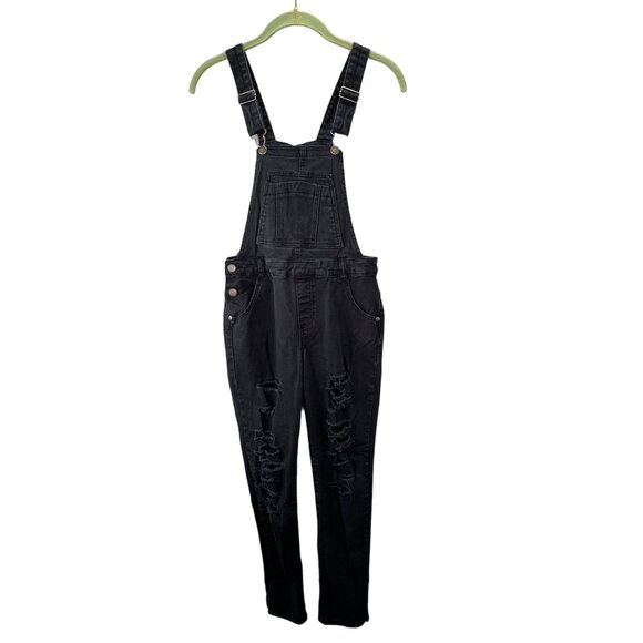 Bebe Girls Overalls Black Denim size XL 16 Distressed Destroyed Stretch Bib - Picture 1 of 5